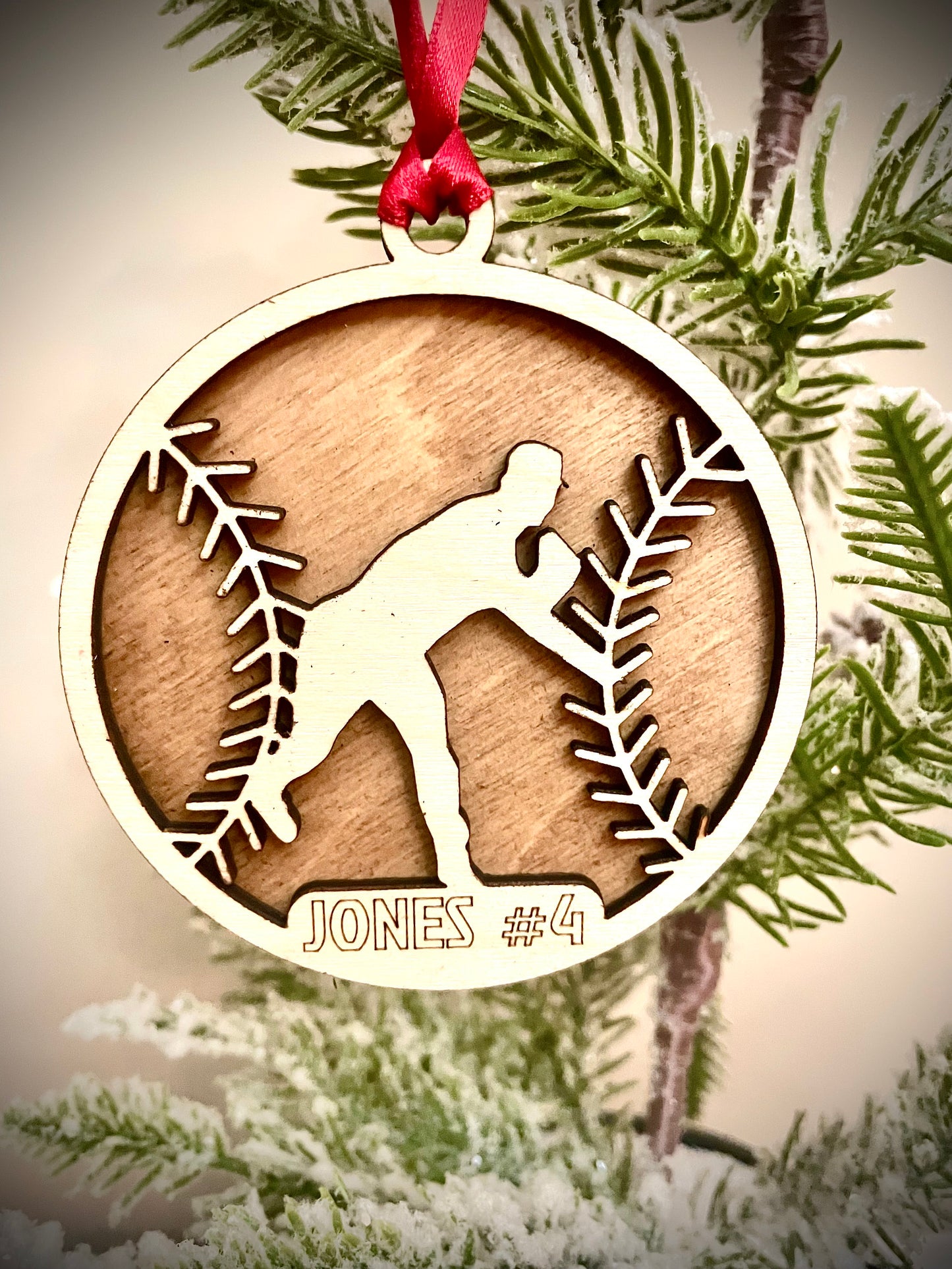 Baseball player 2-layer personalized laser cut wood Christmas ornament, gift tag available unfinished or stained (version 6 of 6)