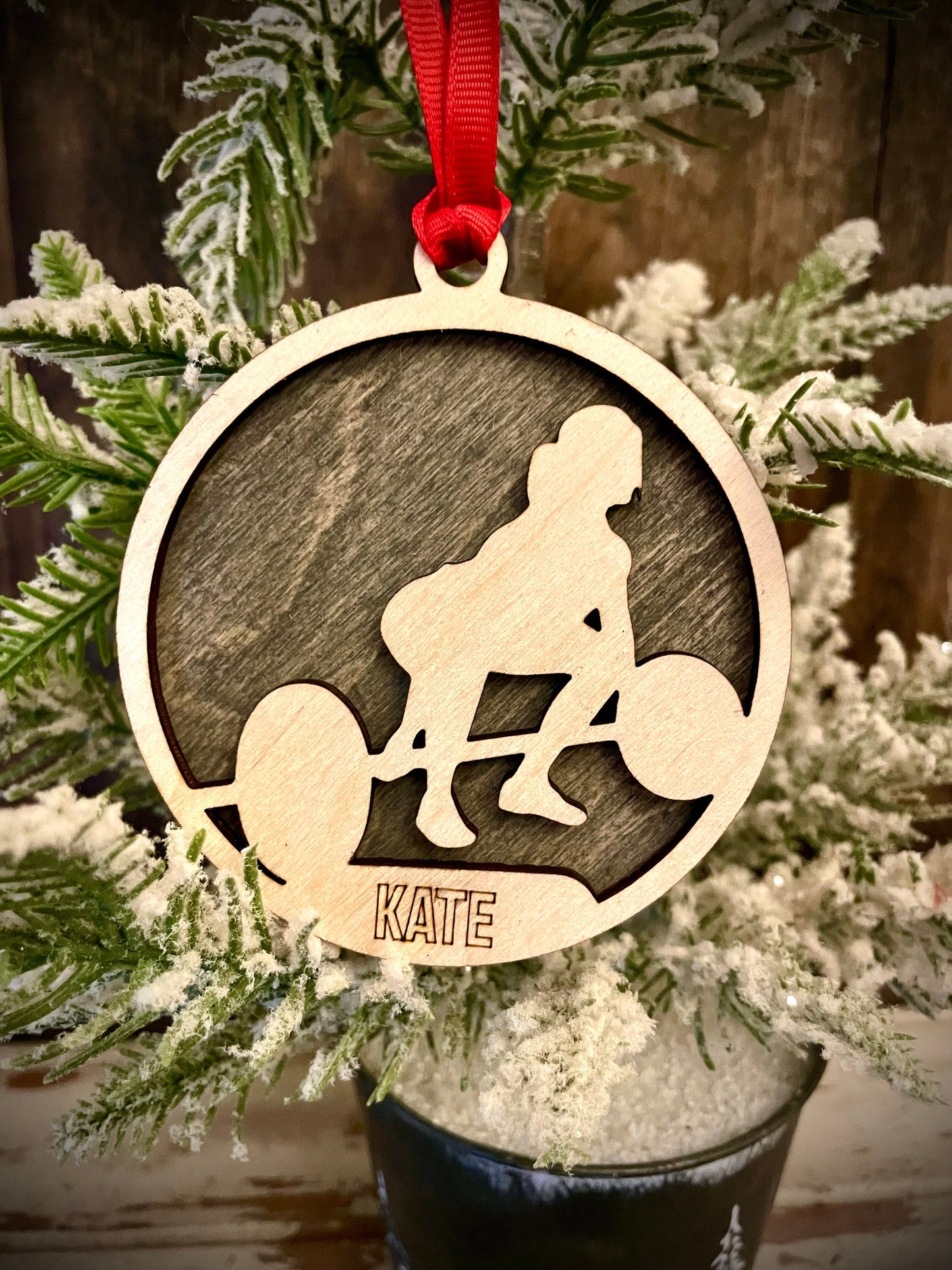 Female Weightlifter Personalized 2-Layer Wood Christmas Ornament & Gift Tag | Multiple Finishes | Fitness Gift