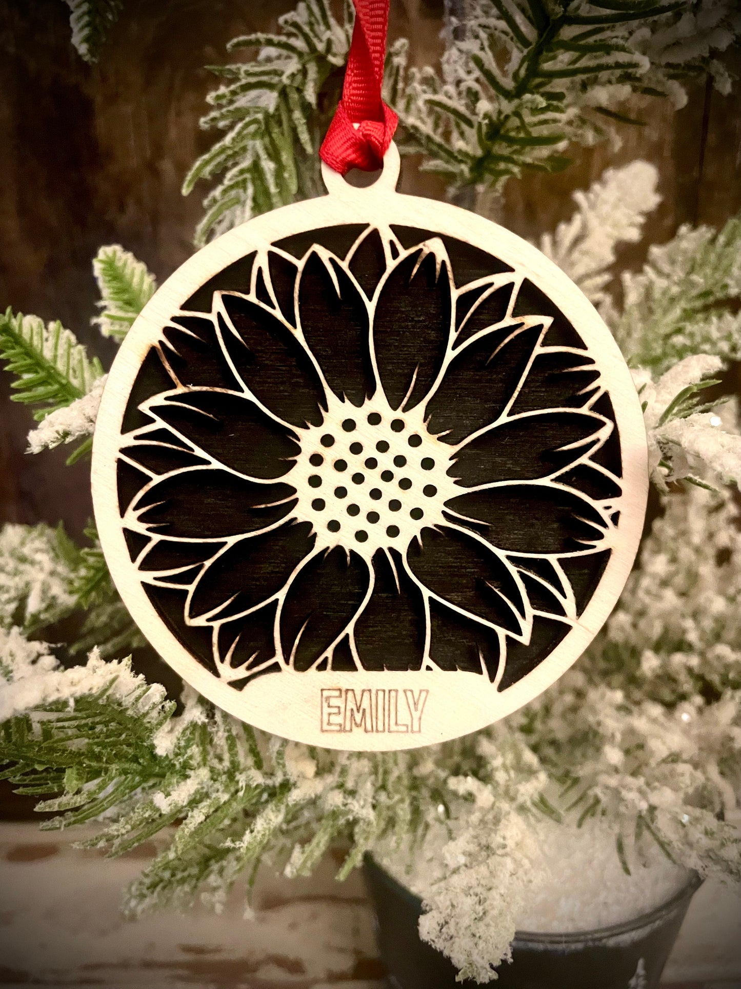 Sunflower Personalized 2-Layer Wood Christmas Ornament & Gift Tag | Multiple Finishes | Nature Gift
