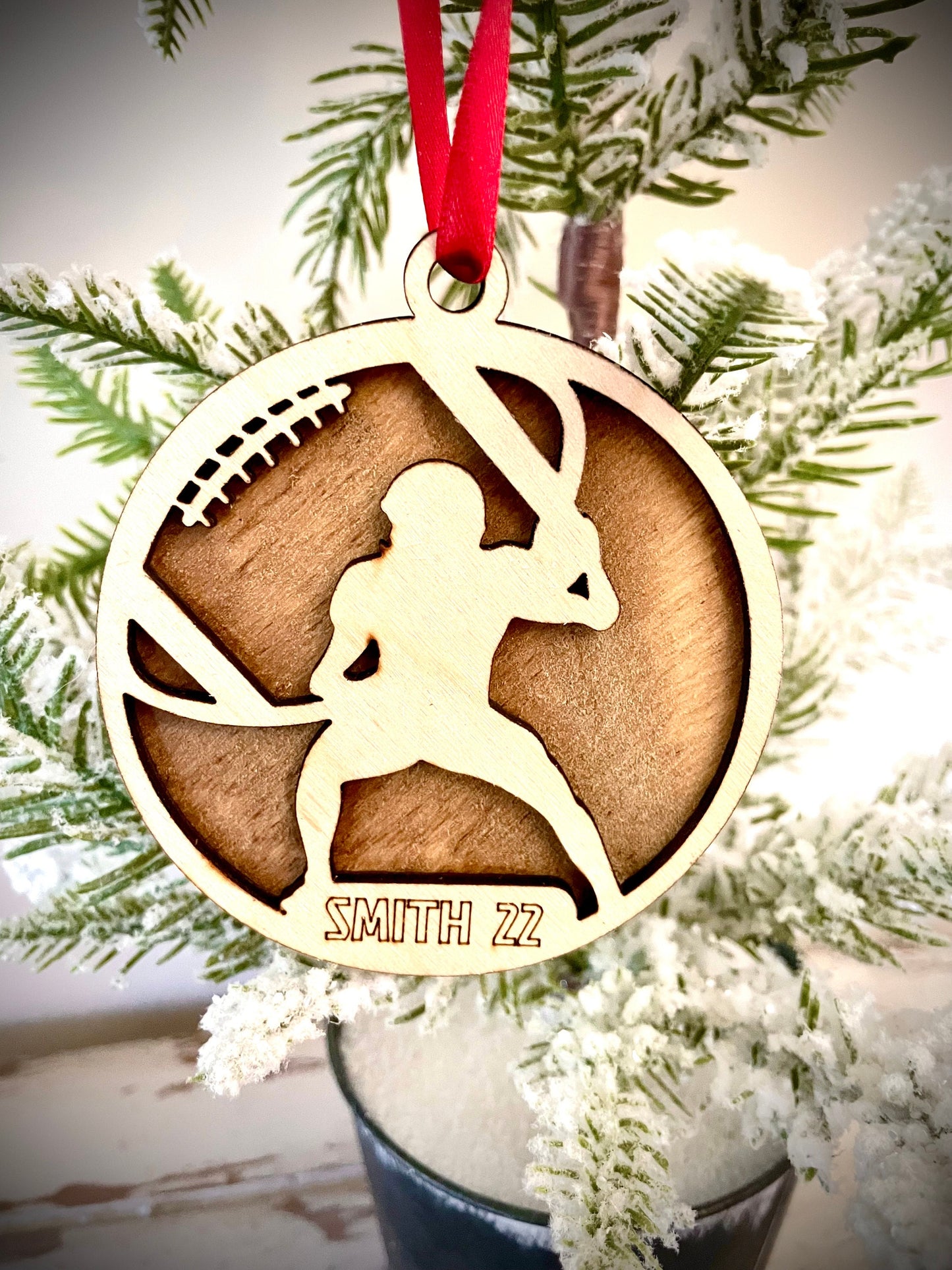 Football player 2-layer personalized laser cut wood Christmas ornament, gift tag available unfinished or stained (version 13 of 16)