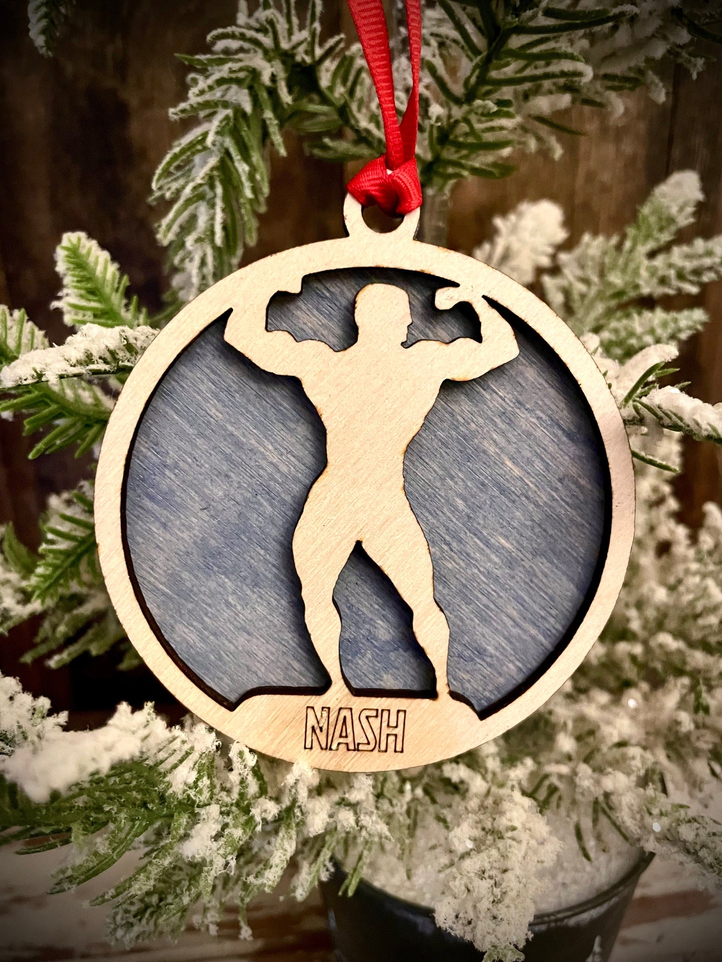 Male Bodybuilder Personalized 2-Layer Wood Christmas Ornament & Gift Tag | Multiple Finishes | Fitness Gift