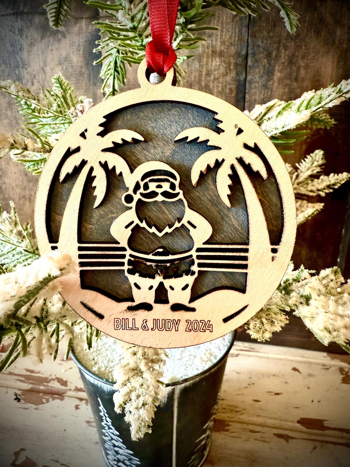 Beach Bum Santa on Beach with Palms Personalized 2-Layer Wood Christmas Ornament & Gift Tag | Multiple Finishes | Beach Gift