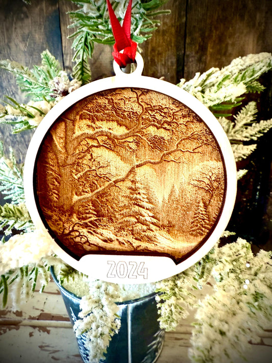 Winter Landscape with Trees 3D Relief Personalized 2-Layer Wood Christmas Ornament & Gift Tag | Holiday Gift