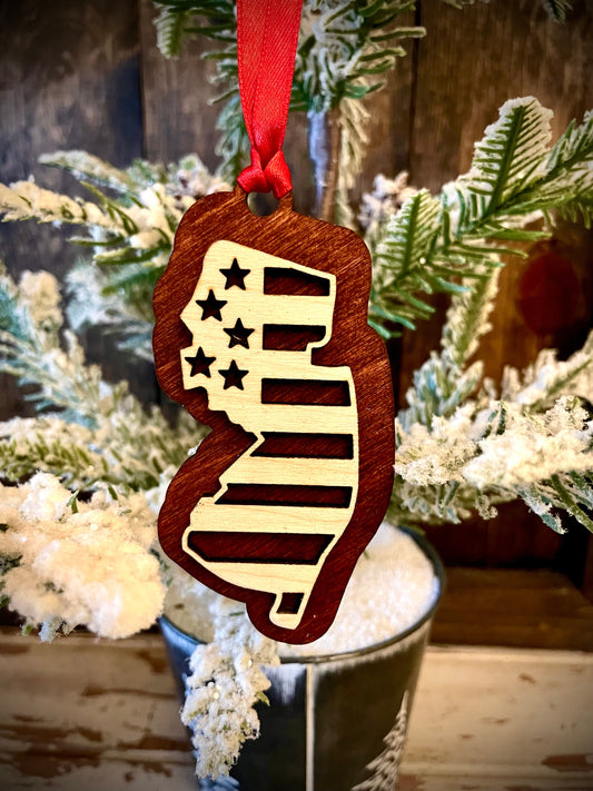New Jersey US Flag Wood Ornament & Gift Tag | 12 Finishes | Patriotic Gift