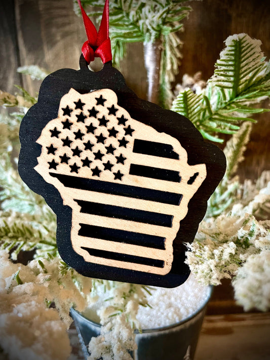 Wisconsin US Flag Wood Ornament & Gift Tag | 12 Finishes | Patriotic Gift