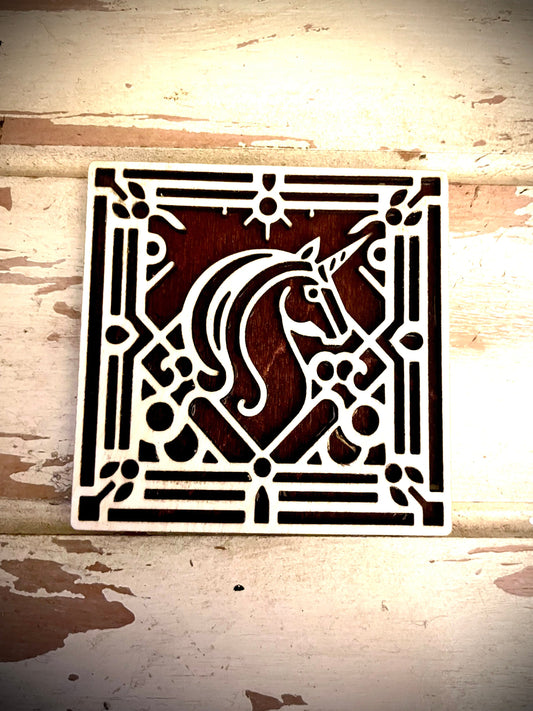 Boho Art Deco Unicorn 2-Layer Square Wood Magnet | 12 Finishes | Boho Gift