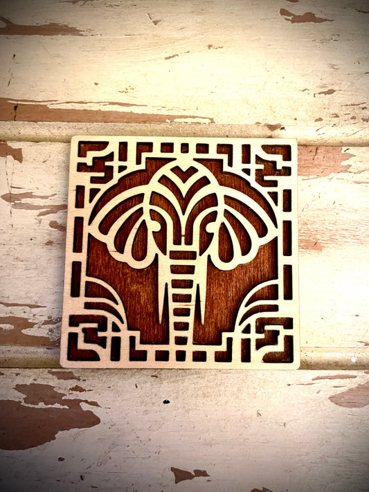Boho Art Deco Elephant 2-Layer Square Wood Magnet | 12 Finishes | Boho Gift