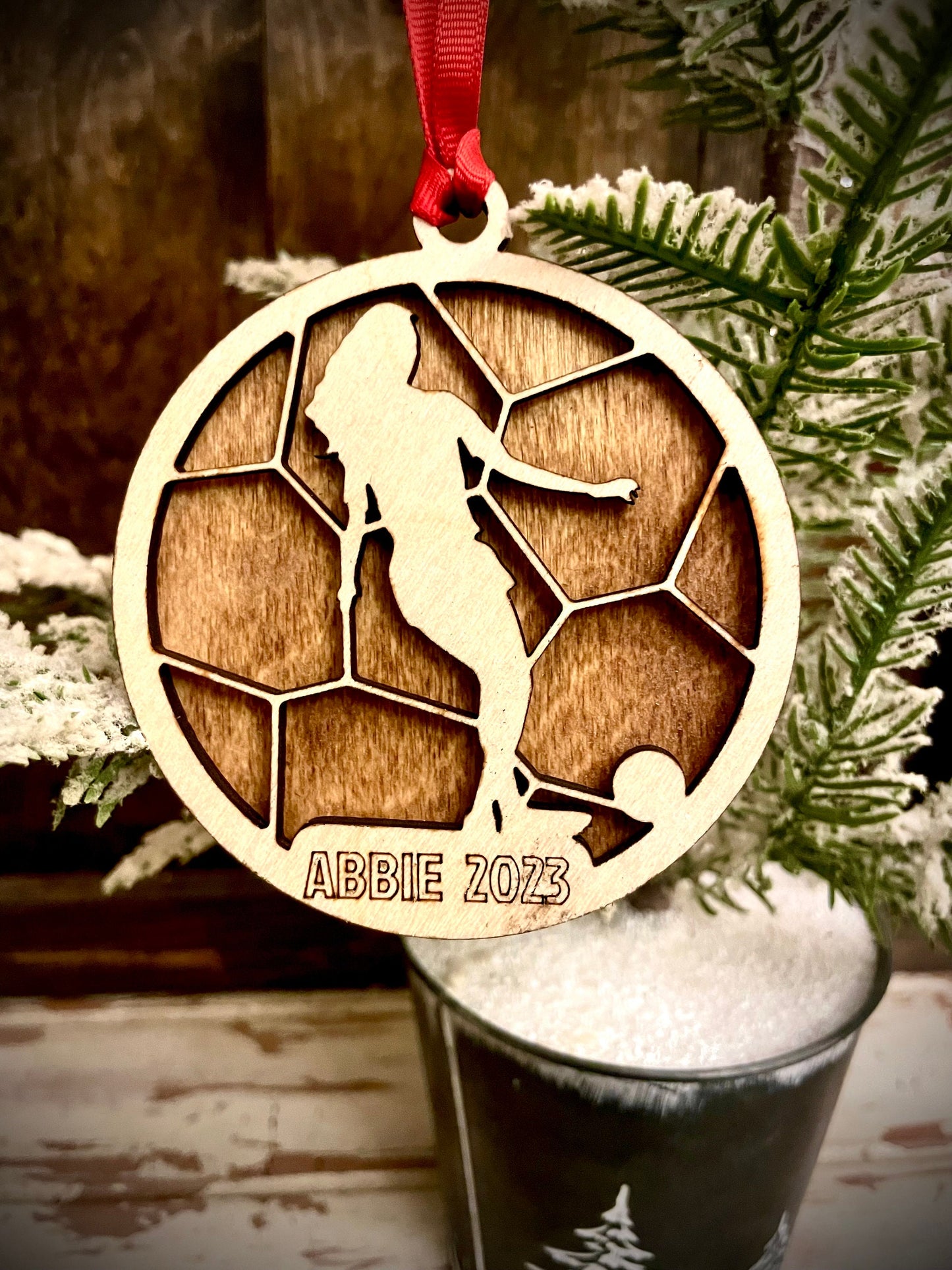 Female Soccer Player Personalized 2-Layer Wood Christmas Ornament & Gift Tag | Multiple Finishes | Soccer Gift (#1)