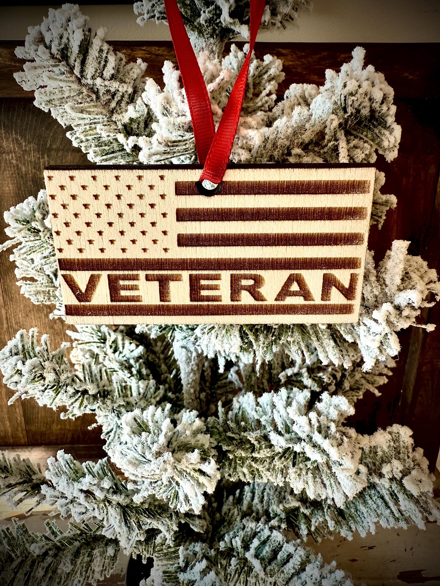 Veteran Laser Engraved US Flag Wood Christmas Ornament | Military Gift