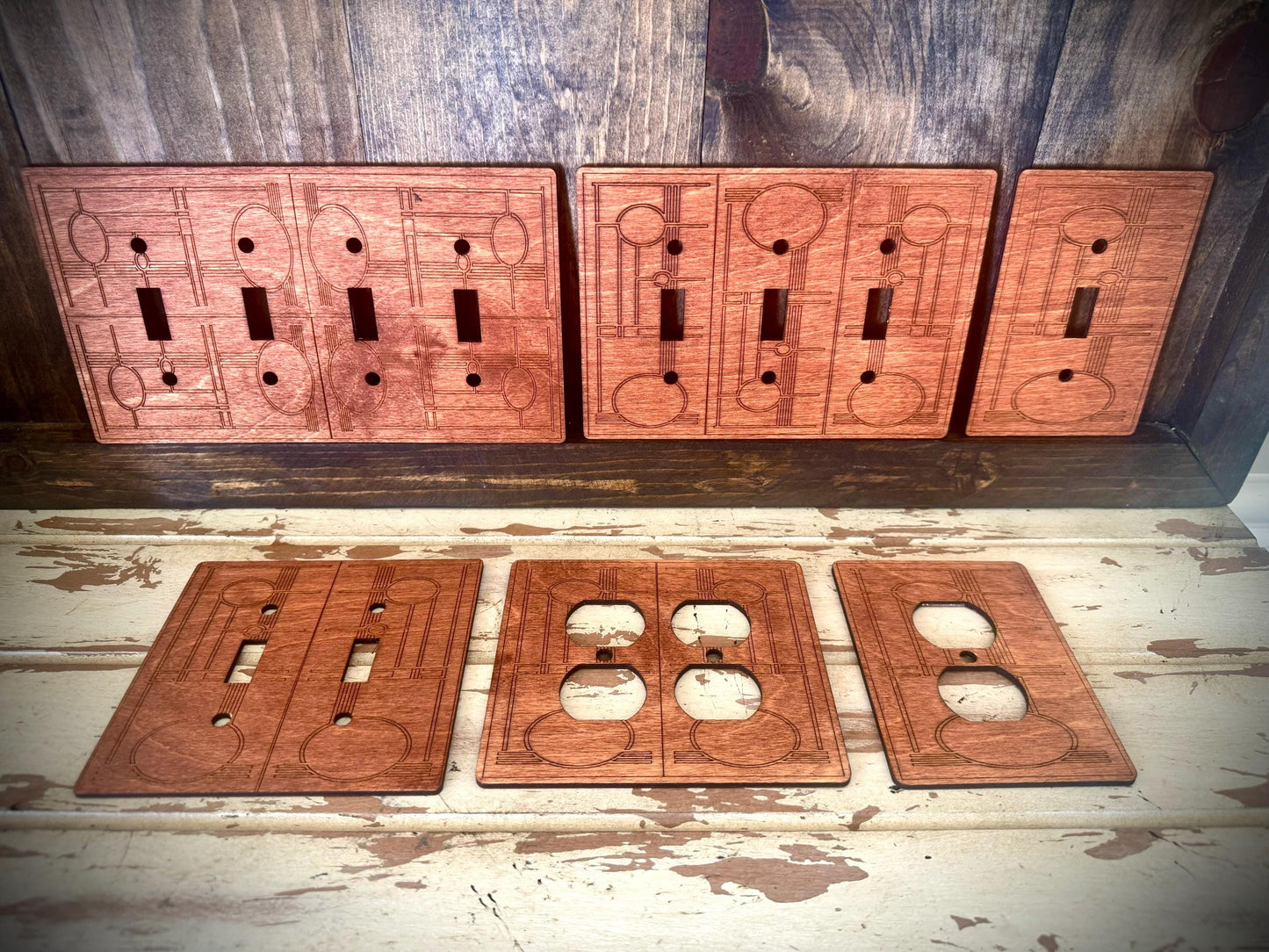 Art Deco light switch, outlet, and decora covers in multiple configurations available in 12 finishes Set E