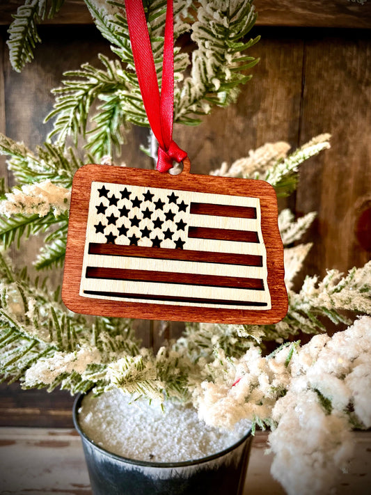 North Dakota US Flag Wood Ornament & Gift Tag | 12 Finishes | Patriotic Gift