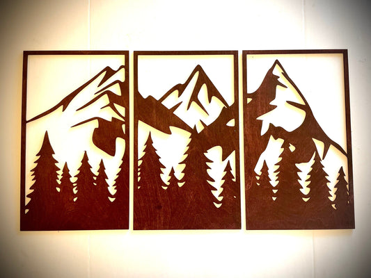 Pine Tree Forest & Mountains Wood Wall Art 3-panel set - front view