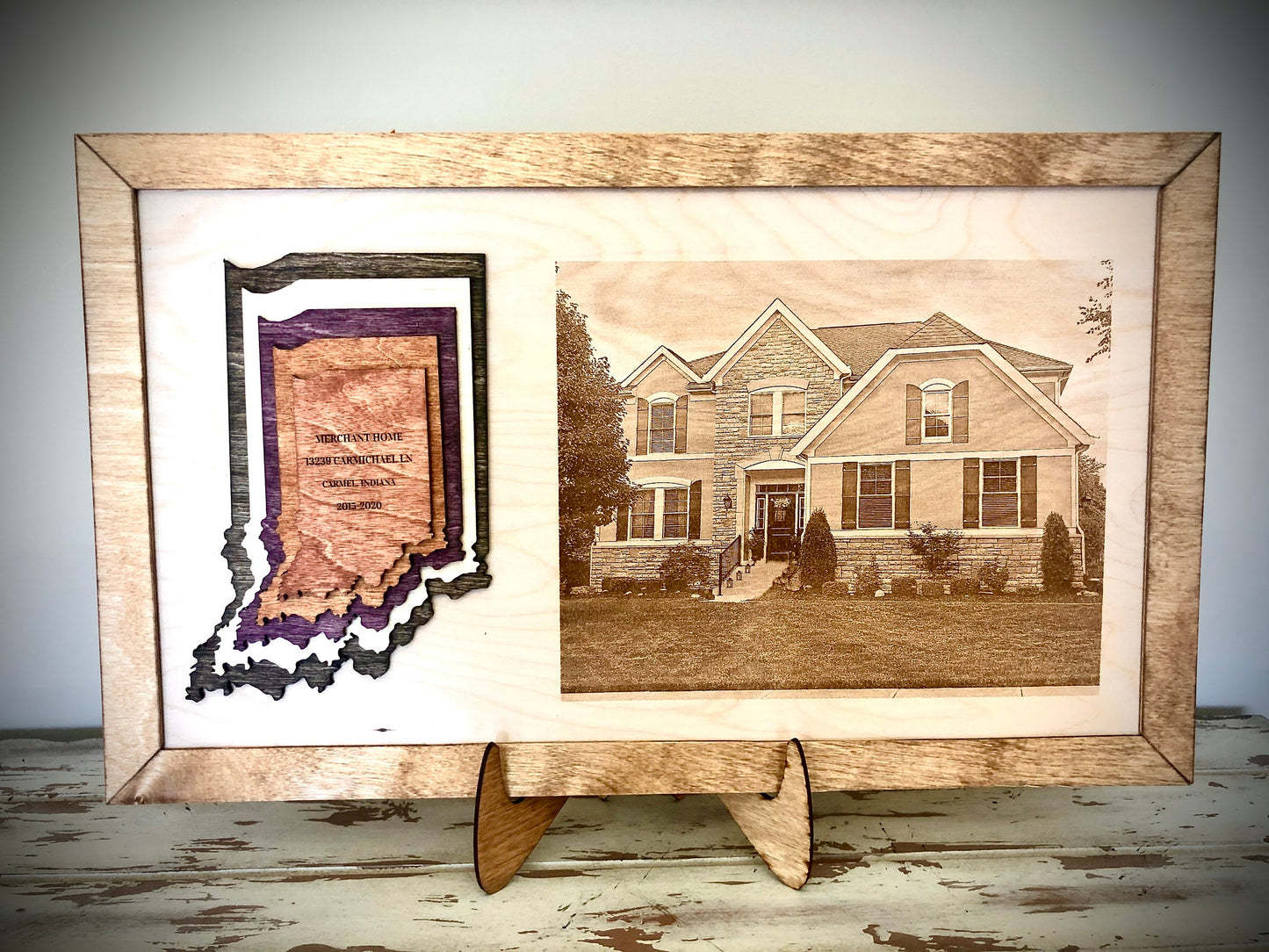 Realtor Closing Gift | Home Photo & Stacked State Engraved on Wood | 20x12 with Easel