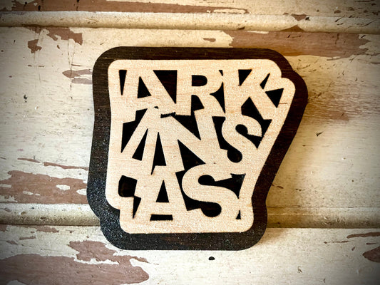 Arkansas Word Art 2-Layer Wood Refrigerator Magnet | 12 Finishes | State Pride Gift