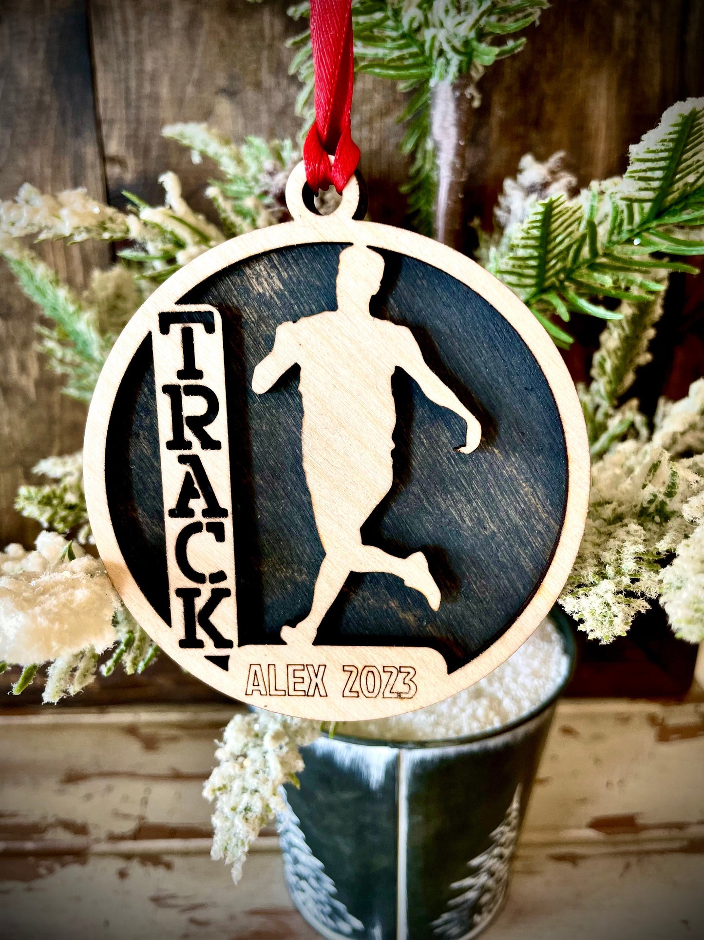 Track Runner Personalized 2-Layer Wood Christmas Ornament & Gift Tag | Multiple Finishes | Track Gift (#3)