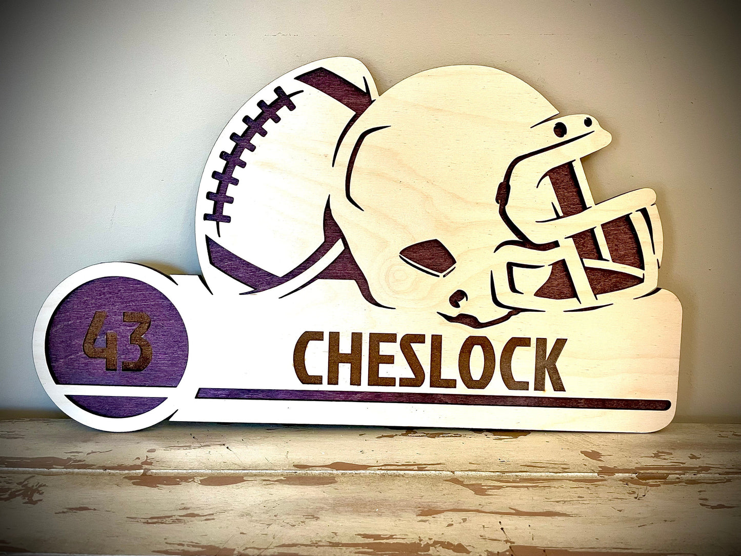 Custom Football Wood Plaque | Player Name & Number Engraved | Helmet & Football Design
