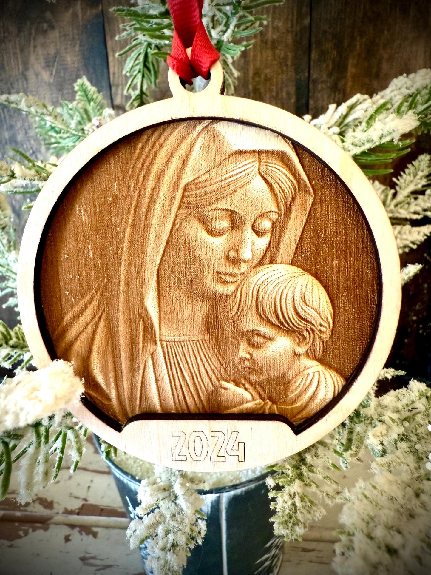 Mary and Baby Jesus 3D Relief Personalized 2-Layer Wood Christmas Ornament & Gift Tag | Religious Gift