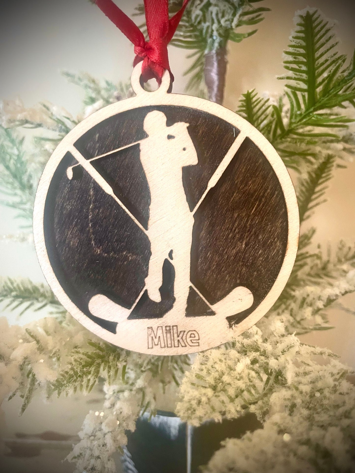 Golfer 2-layer personalized laser cut wood Christmas ornament, gift tag available unfinished or stained (version 11 of 11)