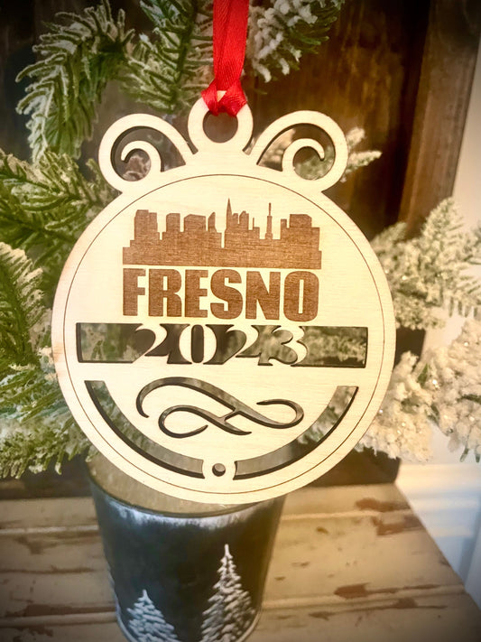 Fresno Skyline Wood Ornament | Choice of Year | 4" x 4.75" | Travel Souvenir Gift