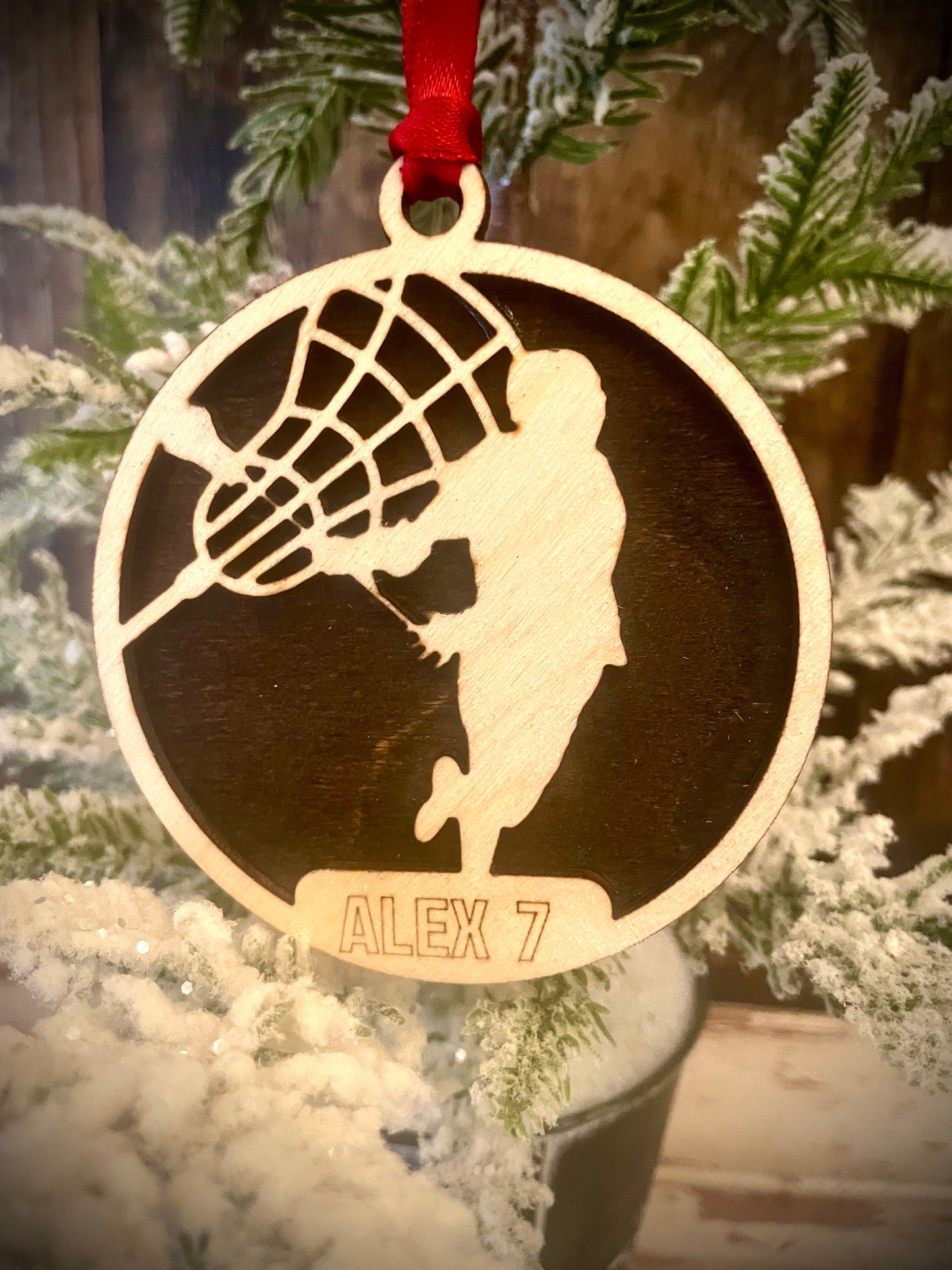 Lacrosse Player Personalized 2-Layer Wood Christmas Ornament & Gift Tag | Multiple Finishes | Lacrosse Gift (#3)