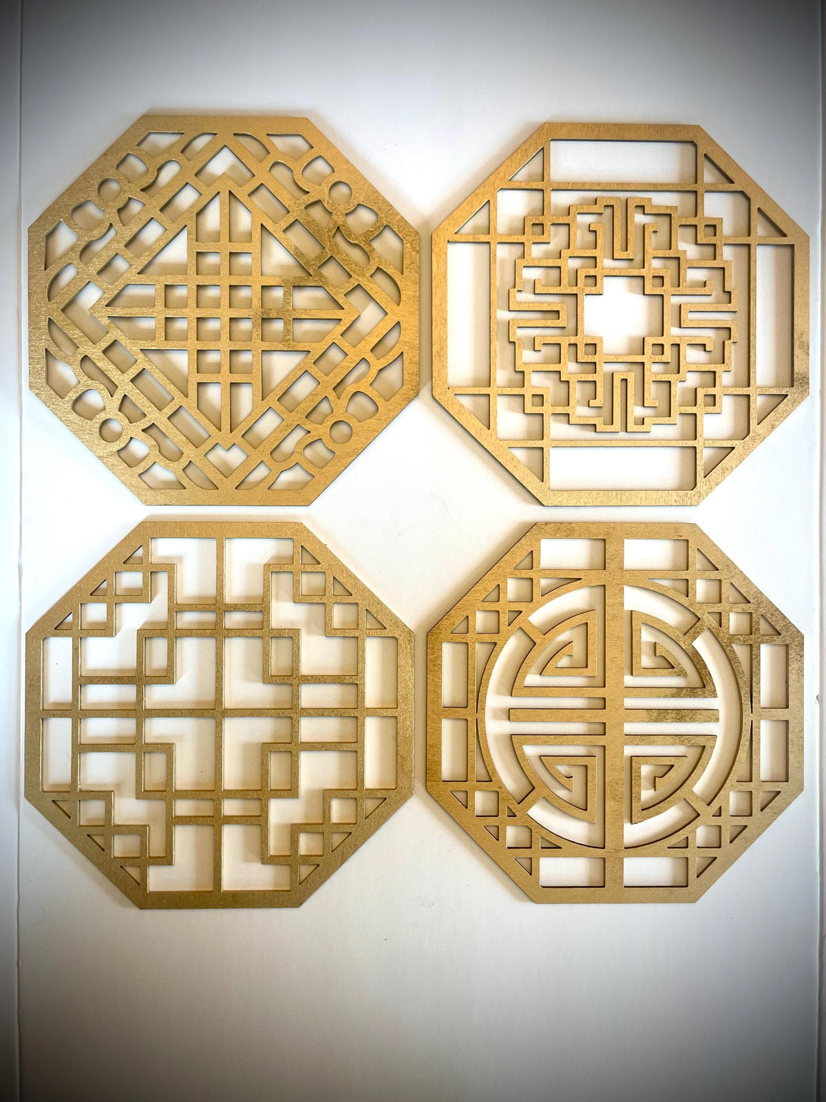 Chinese Symbols Hexagon Wood Wall Art | 4-Panel Set | Multiple Sizes & Finishes