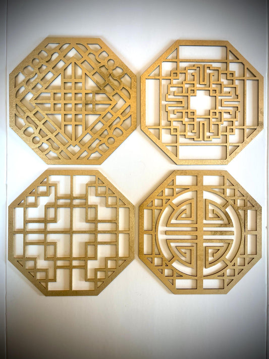 Chinese Symbols Hexagon Wood Wall Art | 4-Panel Set | Multiple Sizes & Finishes