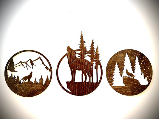 Wolf Scene Wood Wall Art | 3-Panel Round Set | Multiple Finishes