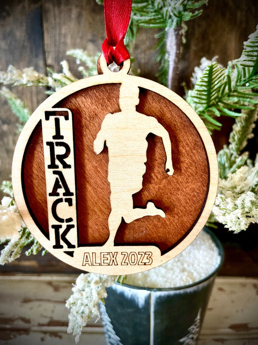 Track Runner Personalized 2-Layer Wood Christmas Ornament & Gift Tag | Multiple Finishes | Track Gift (#4)