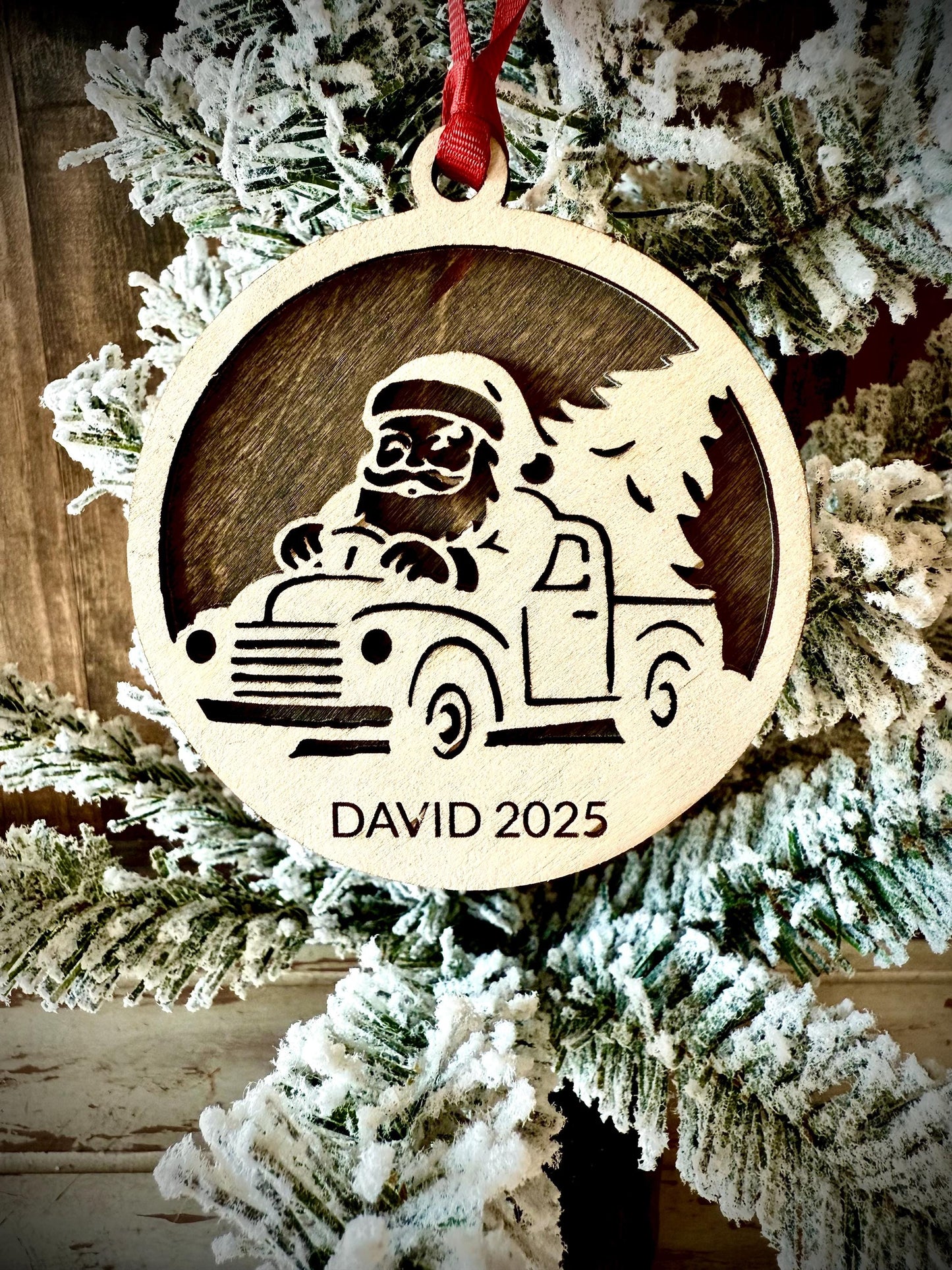 Santa Driving Classic Truck with Christmas Tree Personalized 2-Layer Wood Christmas Ornament & Gift Tag | Multiple Finishes | Holiday Gift