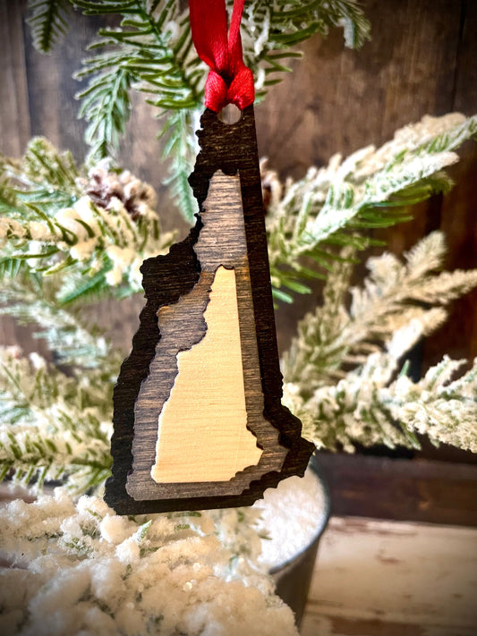 New Hampshire 3-Layer Stacked Wood Ornament & Gift Tag | Brown & Gray Tones | State Pride Gift