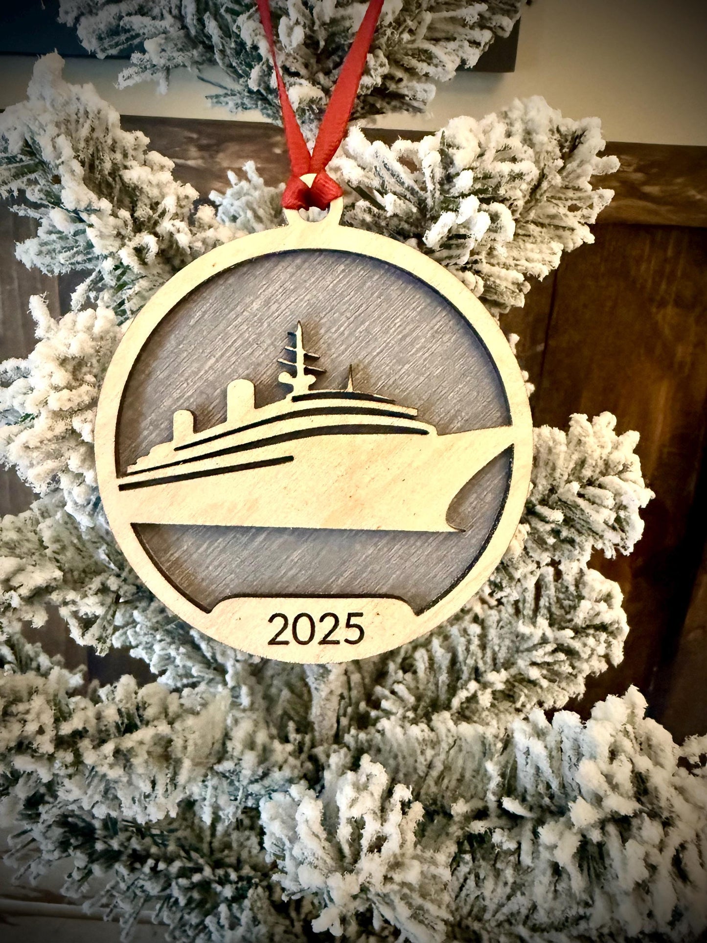 Cruise ship vacation 2-layer personalized laser cut wood Christmas ornament, gift tag available unfinished or stained