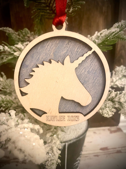 Unicorn Personalized 2-Layer Wood Christmas Ornament & Gift Tag | Multiple Finishes | Unicorn Gift (#2)