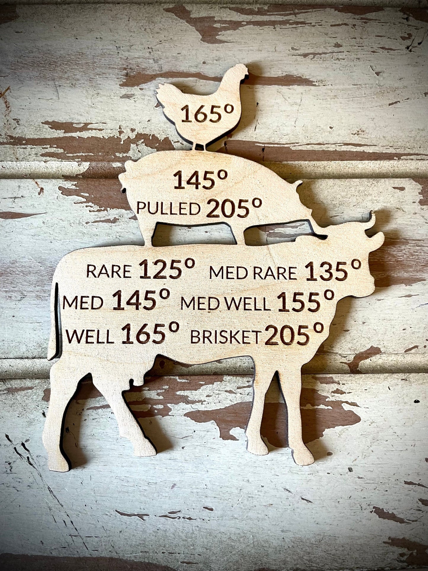 Meat Temperature Chart Wood Magnet | Poultry, Pork & Beef | BBQ & Grilling Gift