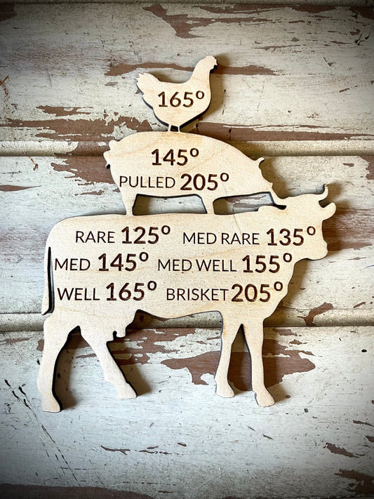 Meat Temperature Chart Wood Magnet | Poultry, Pork & Beef | BBQ & Grilling Gift