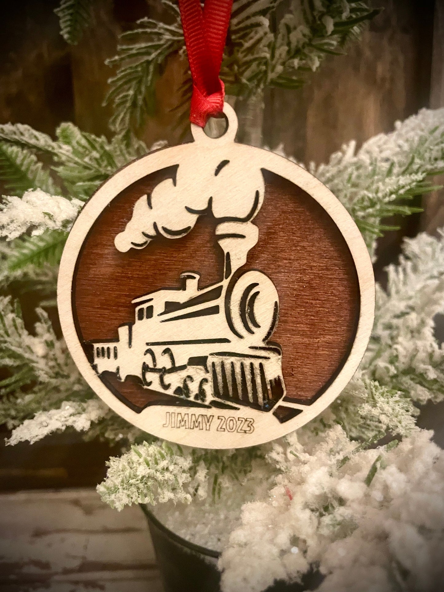 Train Locomotive Personalized 2-Layer Wood Christmas Ornament & Gift Tag | Multiple Finishes | Train Lover Gift