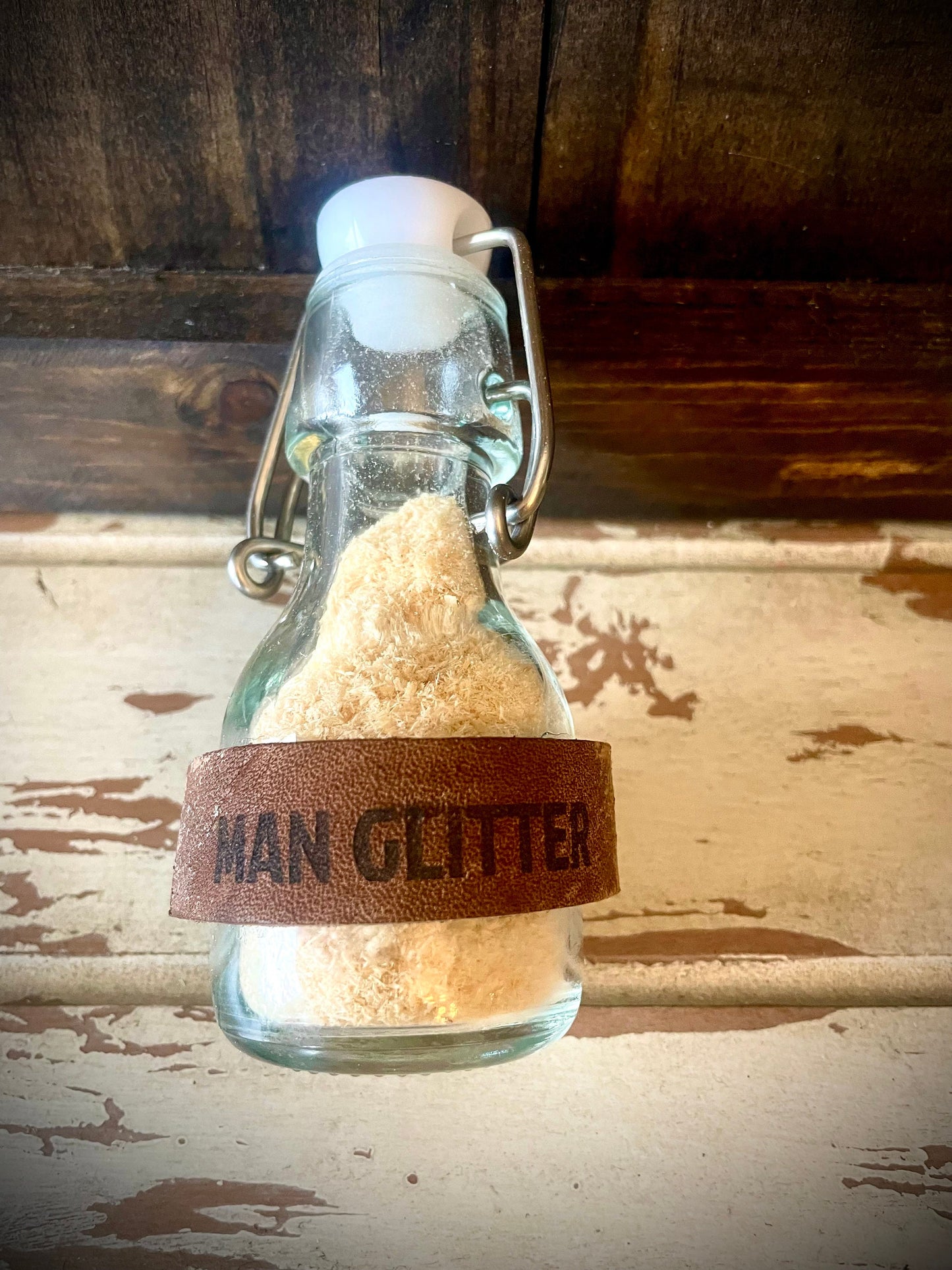 Funny "Man Glitter" Sawdust Bottle | Engraved Leather Label | Father's Day Gift for Dad