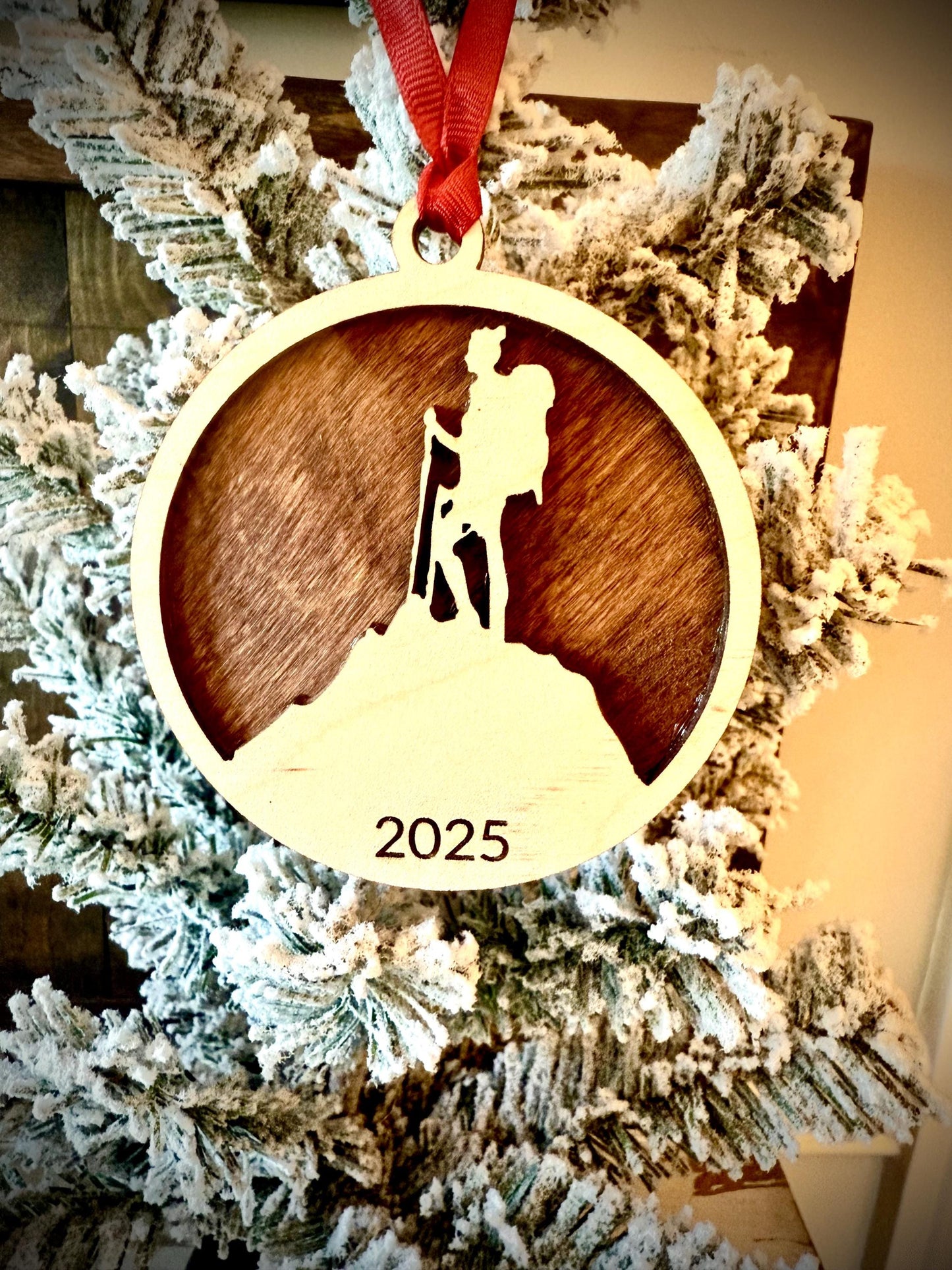 Female Hiker Backpacker Personalized 2-Layer Wood Christmas Ornament & Gift Tag | Multiple Finishes | Outdoor Gift