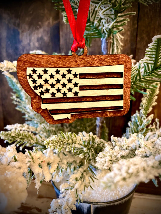 Montana US Flag Wood Ornament & Gift Tag | 12 Finishes | Patriotic Gift