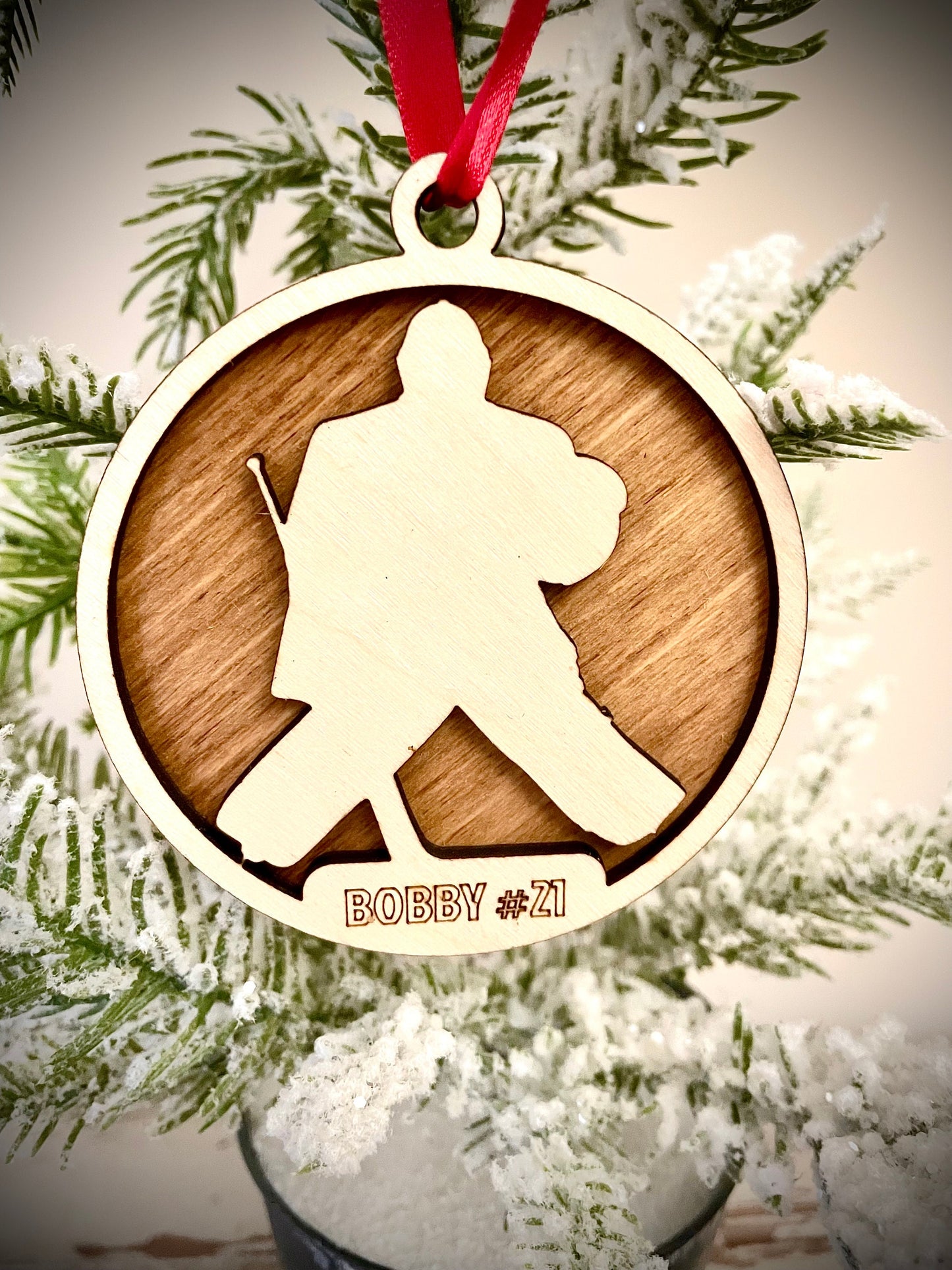 Hockey Goalie Personalized 2-Layer Wood Christmas Ornament & Gift Tag | Multiple Finishes | Hockey Gift (#2)