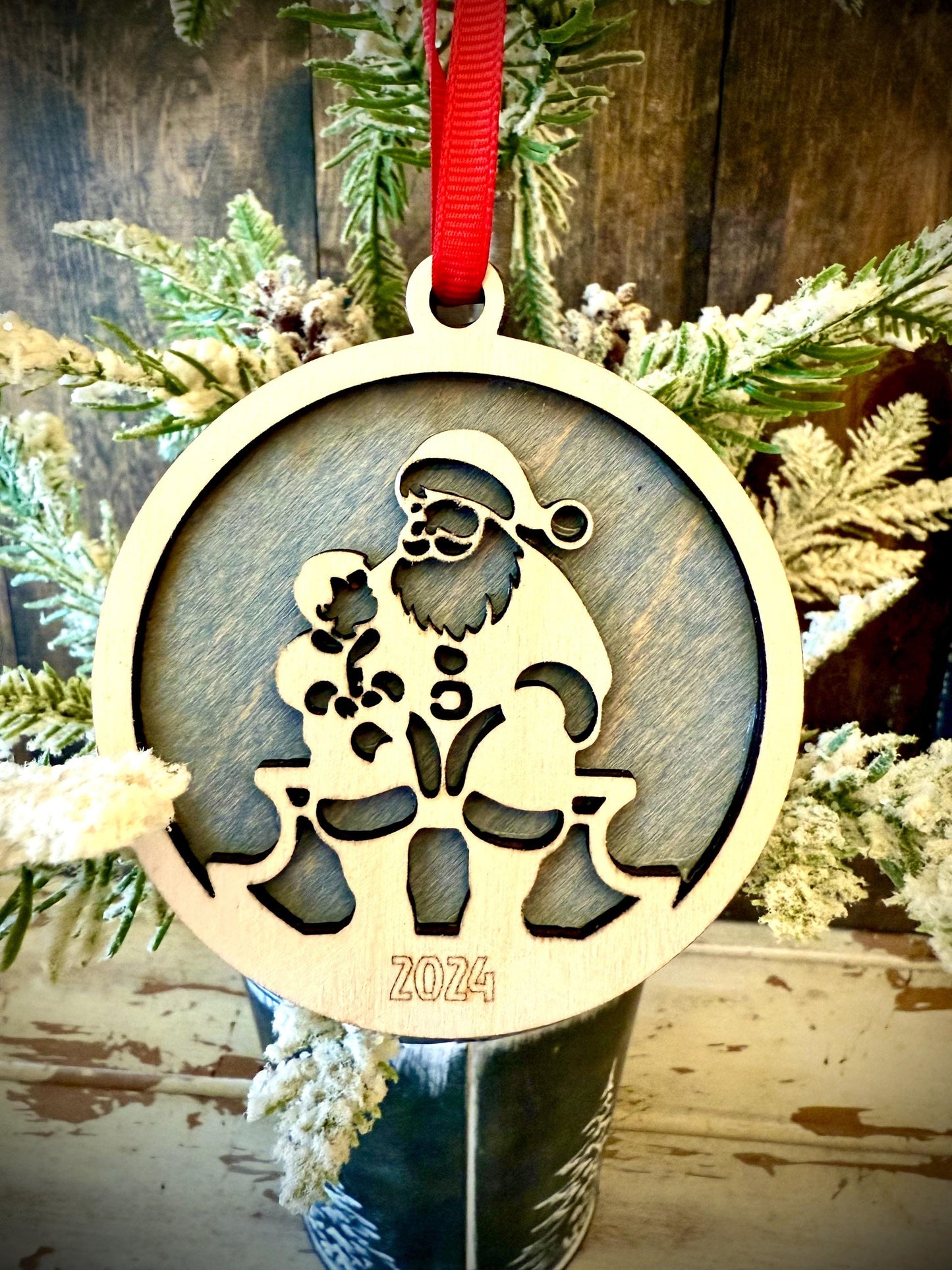 Santa Claus with Little Boy on Lap Personalized 2-Layer Wood Christmas Ornament & Gift Tag | Multiple Finishes | Holiday Gift