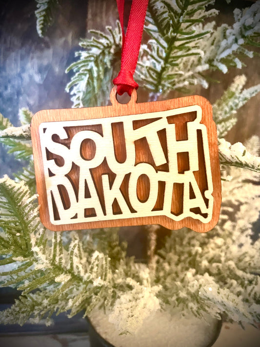 South Dakota Word Art Wood Ornament & Gift Tag | 12 Finishes | State Pride Gift