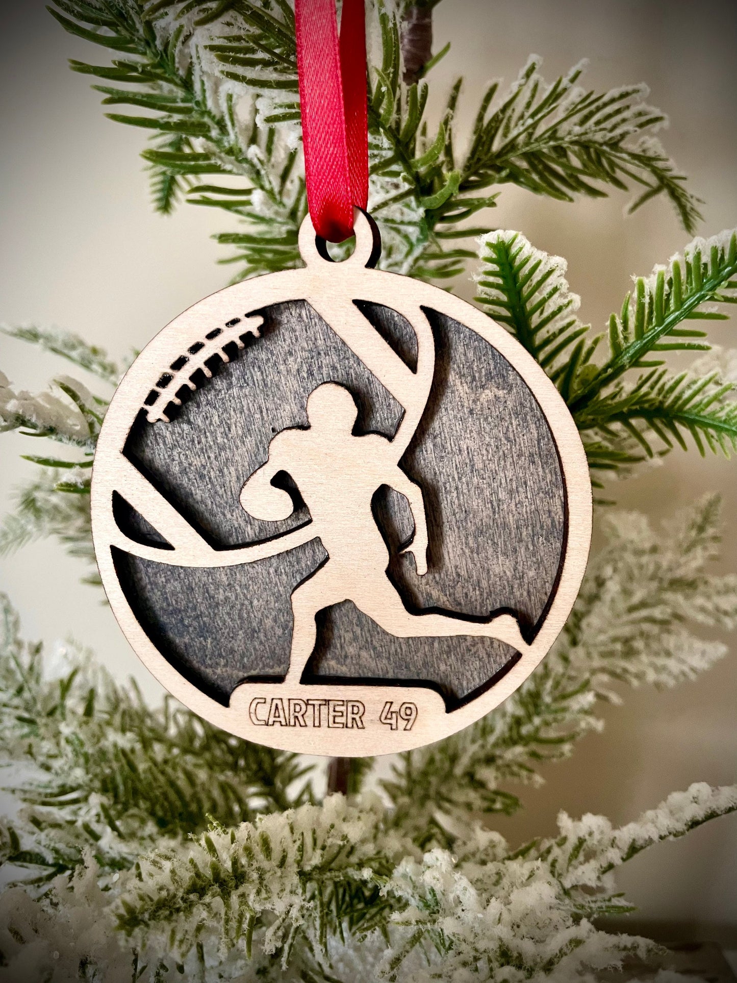 Football player 2-layer personalized laser cut wood Christmas ornament, football gift tag available unfinished or stained (version 12 of 16)