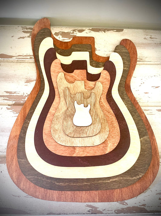 Stacked Electric Guitar 3D Wood Table & Wall Art | Multi-Color | Music Gift