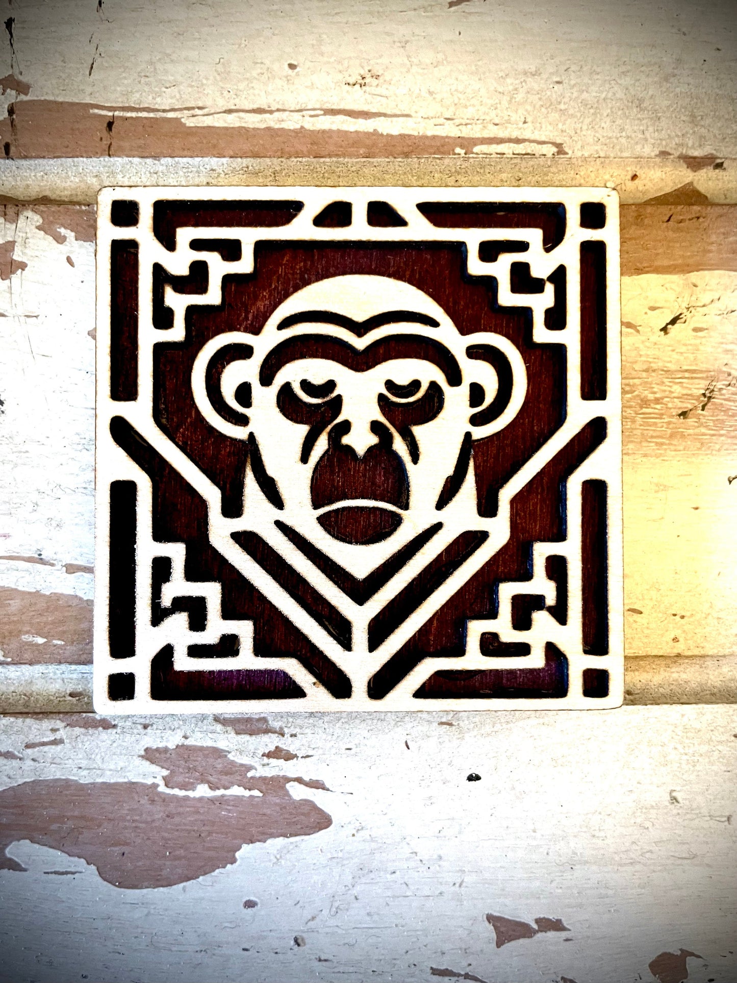 Boho Art Deco Chimpanzee 2-Layer Square Wood Magnet | 12 Finishes | Boho Gift