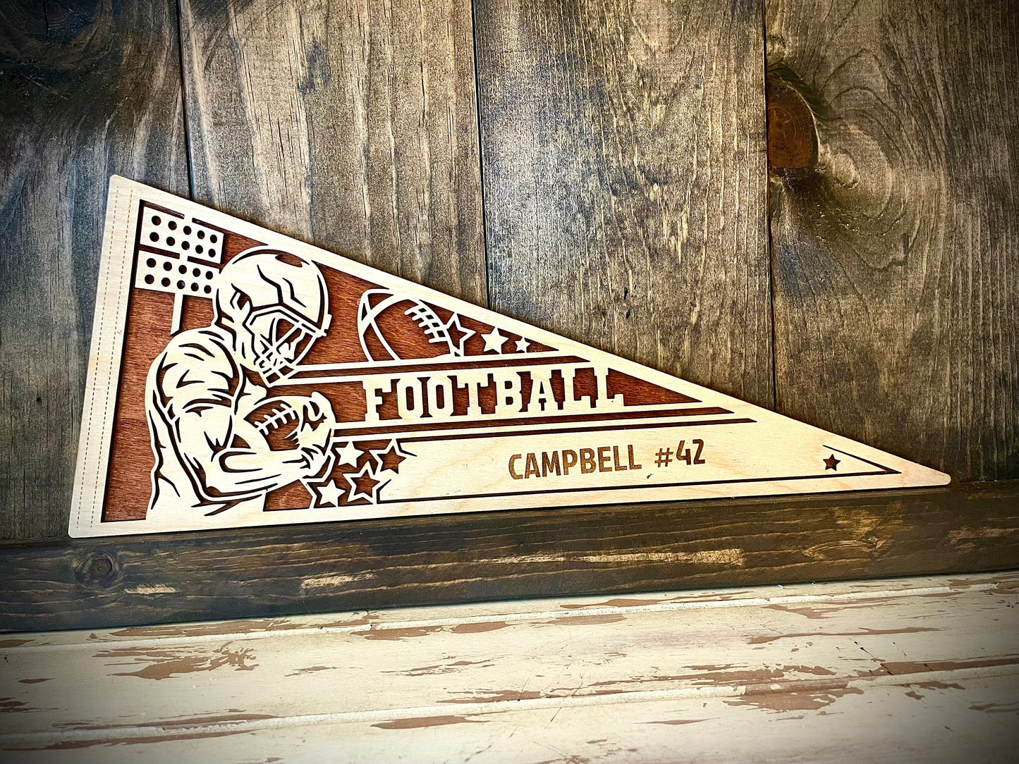 Custom Male Football Player Wood Pennant | Name & Number Engraved | 12 Finishes | Pose 2
