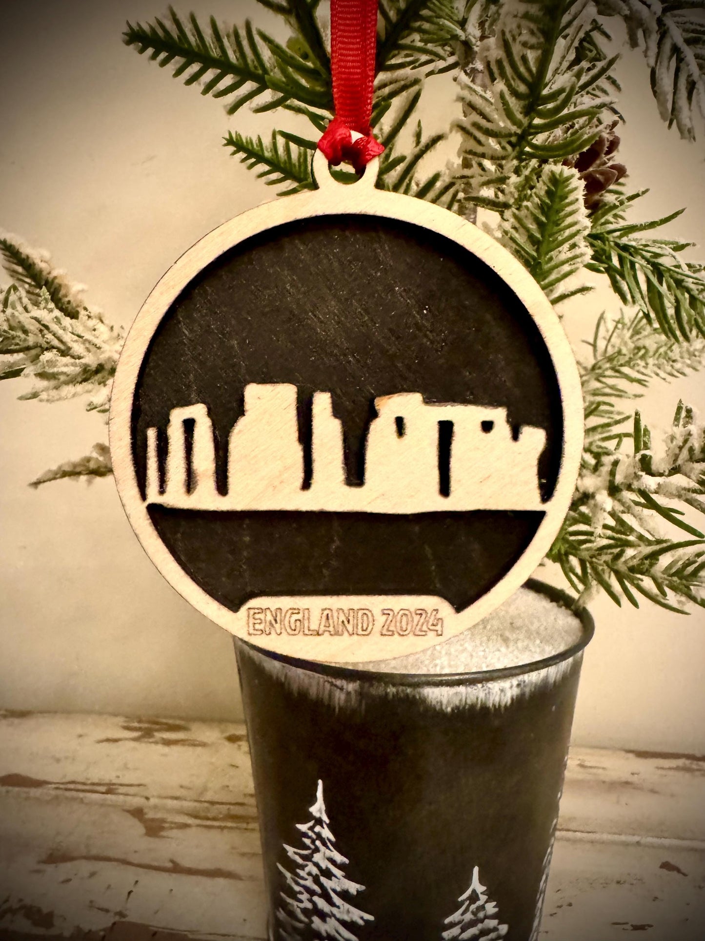 Stonehenge Salisbury England Personalized 2-Layer Wood Christmas Ornament & Gift Tag | Multiple Finishes | Travel Gift