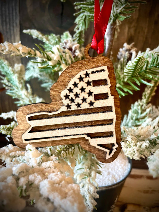 New York US Flag Wood Ornament & Gift Tag | 12 Finishes | Patriotic Gift