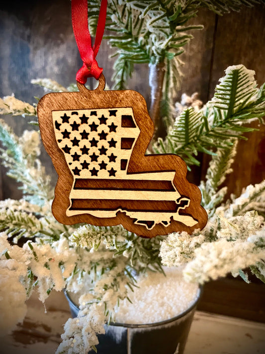 Louisiana US Flag Wood Ornament & Gift Tag | 12 Finishes | Patriotic Gift