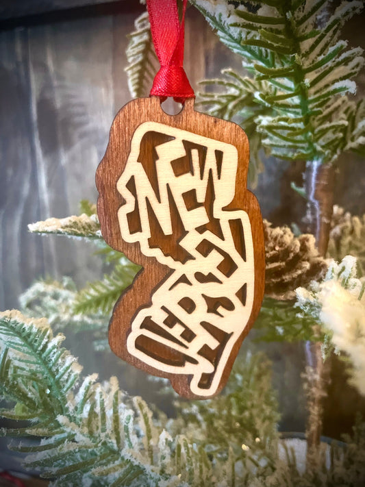 New Jersey Word Art Wood Ornament & Gift Tag | 12 Finishes | State Pride Gift
