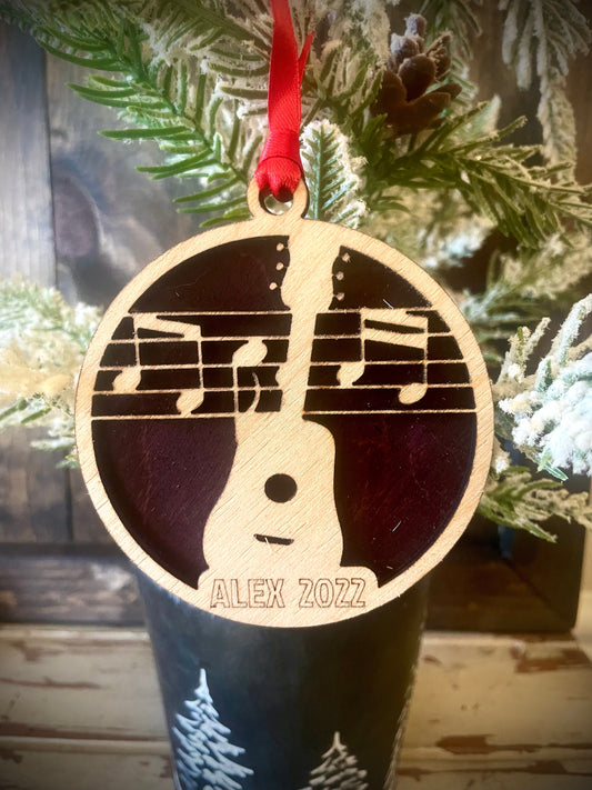 Acoustic guitar 2-layer personalized laser cut wood Christmas ornament, gift tag available unfinished or stained